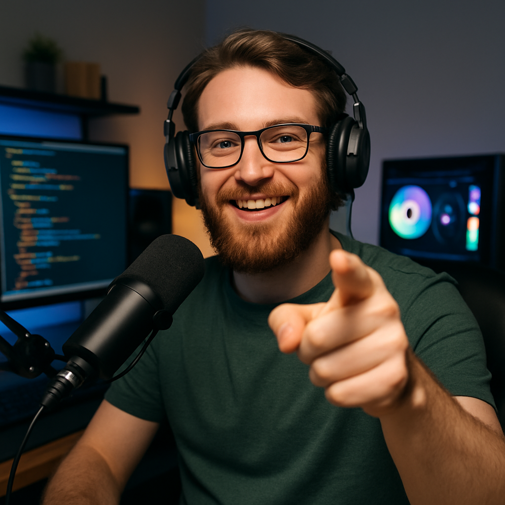Estudiante sonriente con auriculares y micrófono frente a su computadora con código, motivando a sumarse al curso de programación
